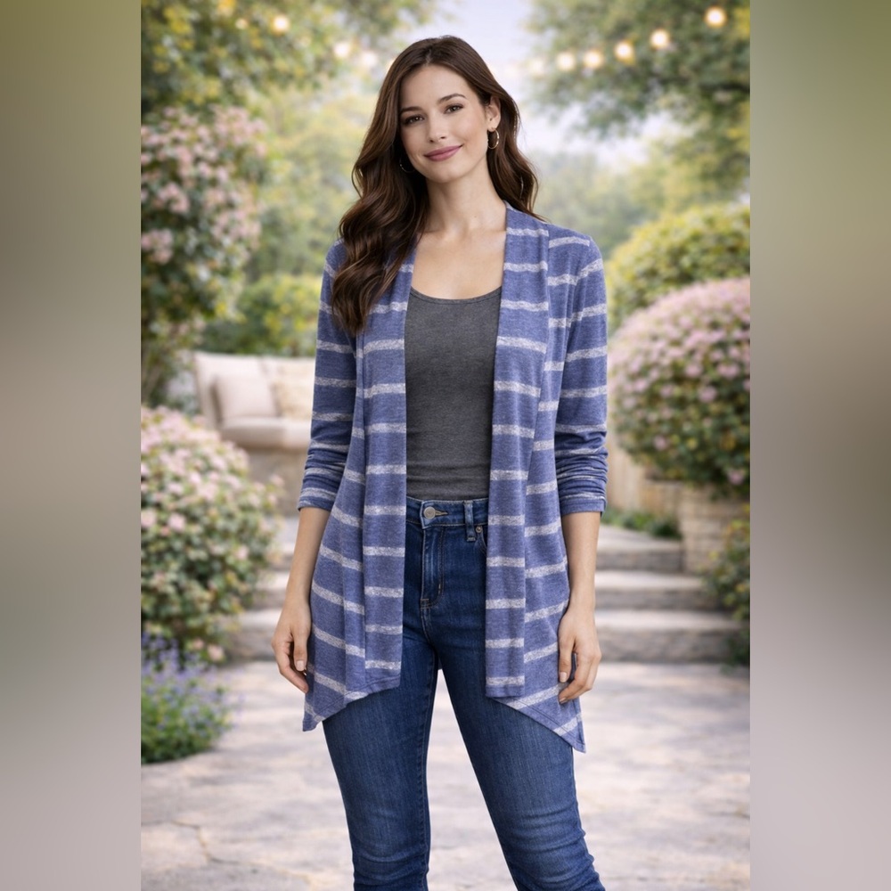 Blue Grey Stripe 3/4 Cinch Sleeve Cardigan